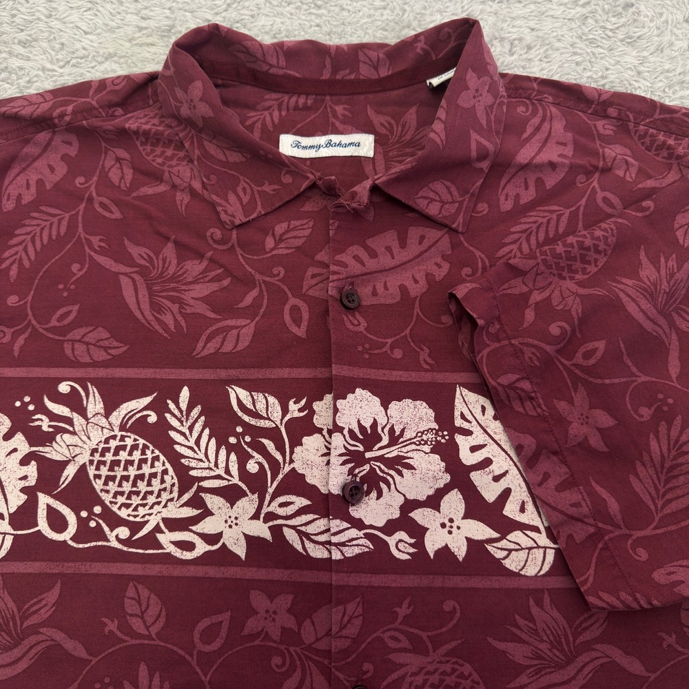 Tommy Bahama Mens Silk Hawaiian Shirt Burgundy Pineapple Floral L/G Short Sleeve